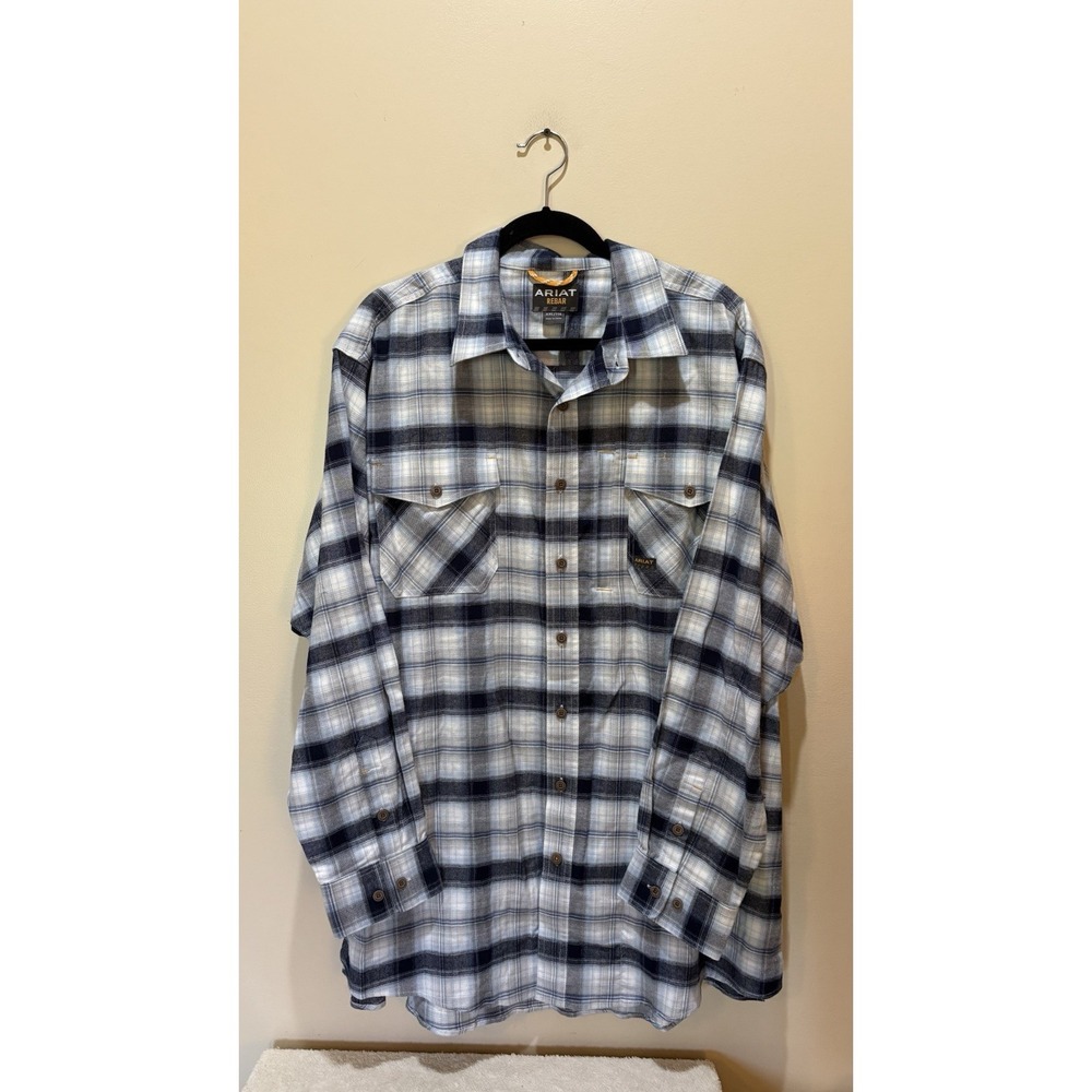 Ariat Rebar Flannel Shirt Mens XXL Blue Plaid Long Sleeve Button Up Stretch
